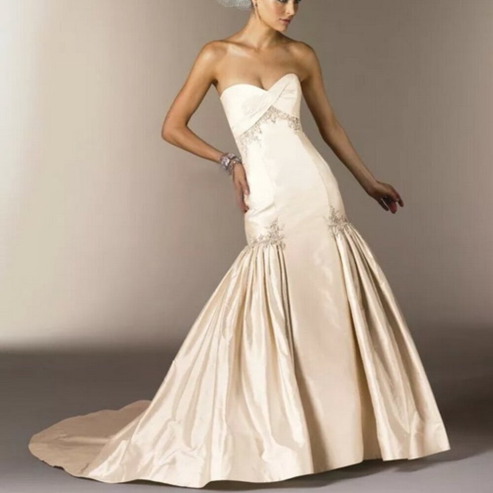 Mon Cheri Bridal Ivory Strapless Silk Beaded Wedding Gown Dress